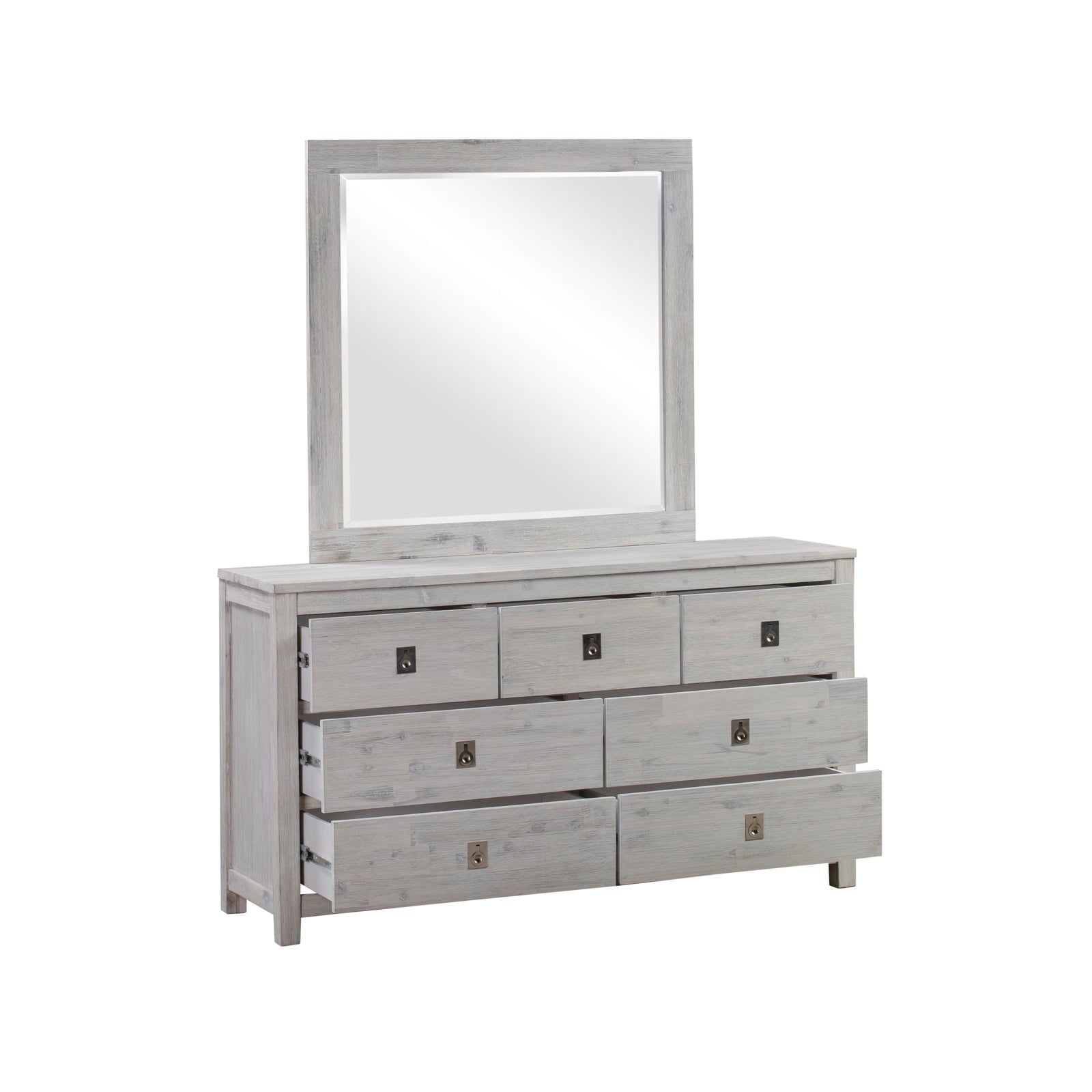 4 Pieces Bedroom Suite with Solid Acacia Wood Veneered Construction in Queen Size White Ash Colour Bed, Bedside Table & Dresser - Cosy Abode