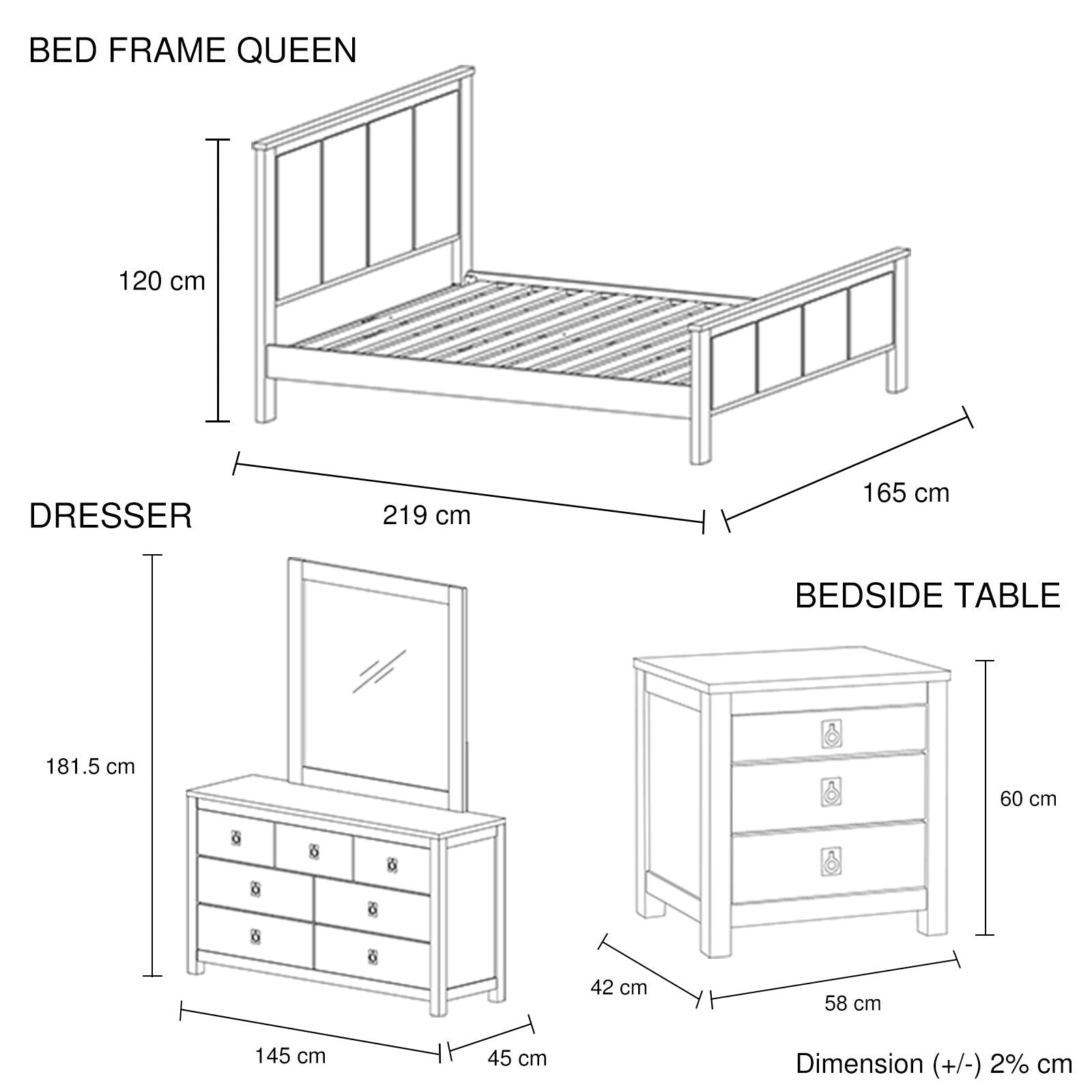 4 Pieces Bedroom Suite with Solid Acacia Wood Veneered Construction in Queen Size White Ash Colour Bed, Bedside Table & Dresser - Cosy Abode