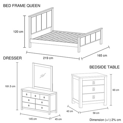 4 Pieces Bedroom Suite with Solid Acacia Wood Veneered Construction in Queen Size White Ash Colour Bed, Bedside Table & Dresser - Cosy Abode