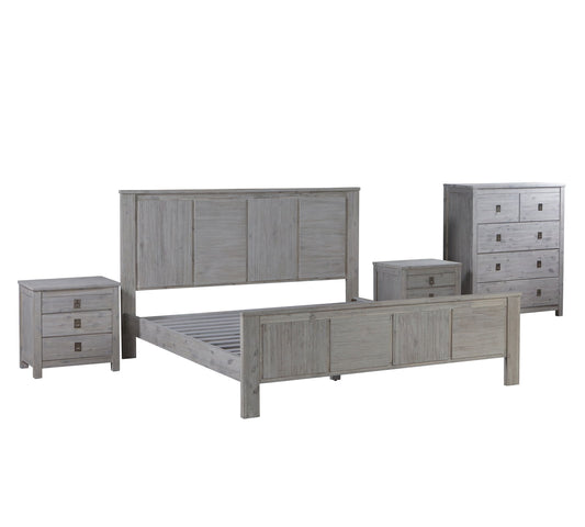 4 Pieces Bedroom Suite with Solid Acacia Wood Veneered Construction in Queen Size White Ash Colour Bed, Bedside Table & Tallboy - Cosy Abode