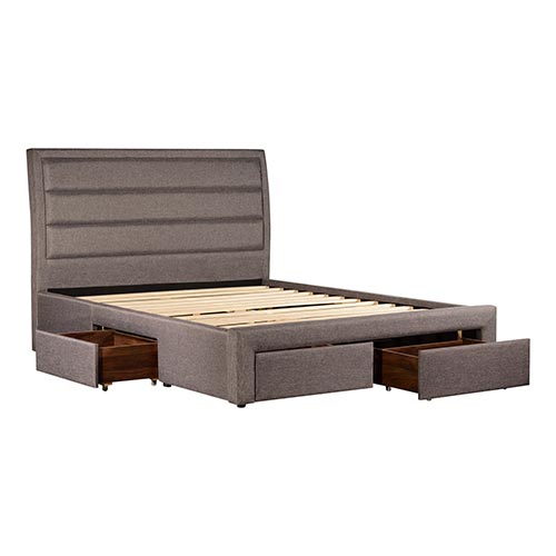 4 Pieces Storage Bedroom Suite Upholstery Fabric in Light Grey with Base Drawers King Size Oak Colour Bed, Bedside Table & Tallboy - Cosy Abode