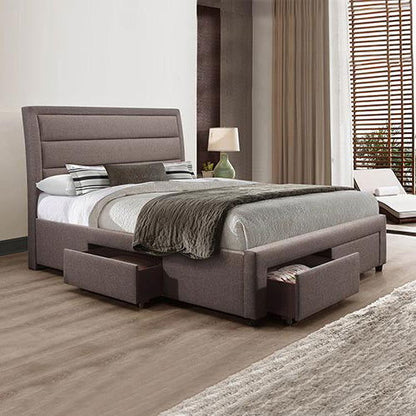 4 Pieces Storage Bedroom Suite Upholstery Fabric in Light Grey with Base Drawers Queen Size Oak Colour Bed, Bedside Table & Tallboy - Cosy Abode