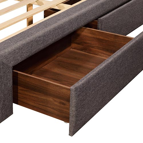 4 Pieces Storage Bedroom Suite Upholstery Fabric in Light Grey with Base Drawers Queen Size Oak Colour Bed, Bedside Table & Tallboy - Cosy Abode