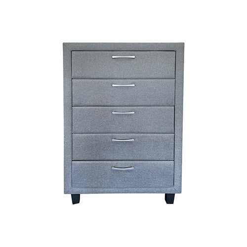 4 Pieces Storage Bedroom Suite Upholstery Fabric in Light Grey with Base Drawers Queen Size Oak Colour Bed, Bedside Table & Tallboy - Cosy Abode