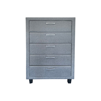4 Pieces Storage Bedroom Suite Upholstery Fabric in Light Grey with Base Drawers Queen Size Oak Colour Bed, Bedside Table & Tallboy - Cosy Abode
