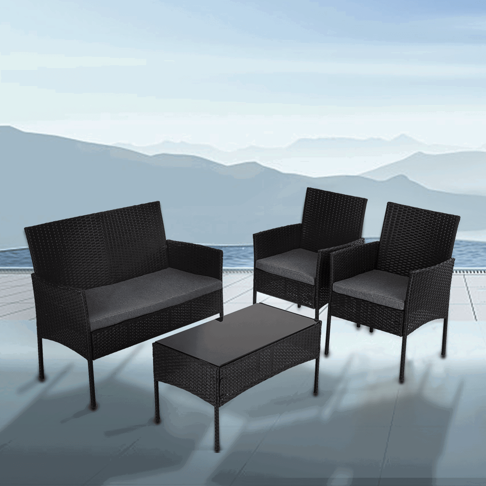 4 Seater Wicker Outdoor Lounge Set - Black - Cosy Abode