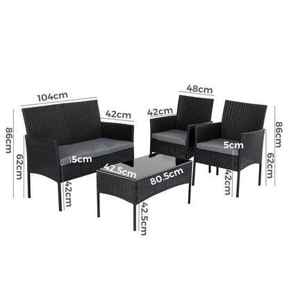 4 Seater Wicker Outdoor Lounge Set - Black - Cosy Abode