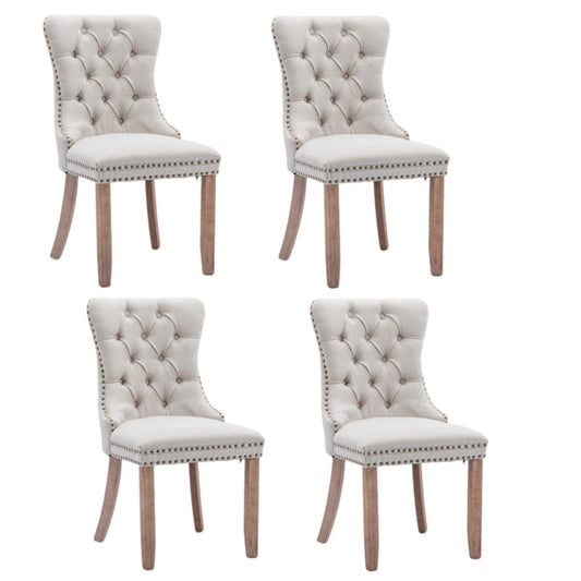 4x AADEN Modern Elegant Button-Tufted Upholstered Fabric with Studs Trim and Wooden legs Dining Side Chair-Beige - Cosy Abode