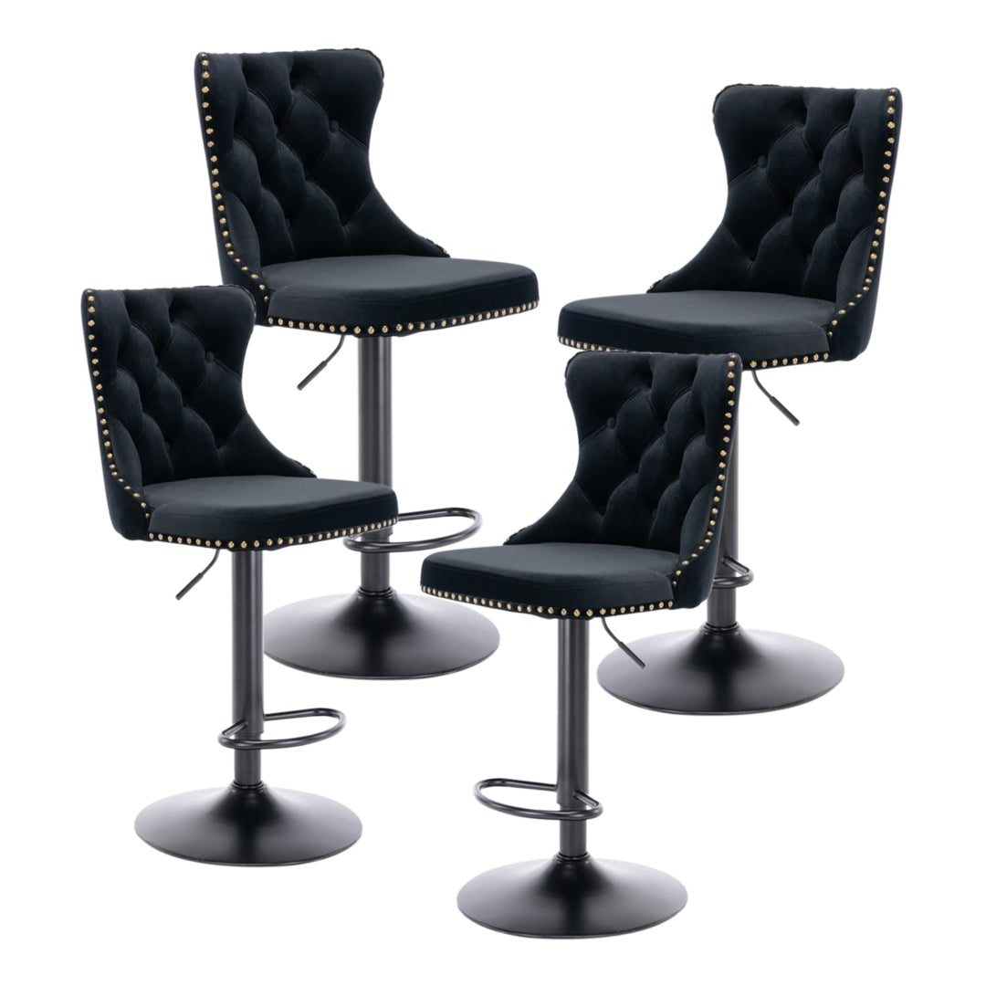 4x Height Adjustable Swivel Bar Stool Velvet Nailhead Barstool with Footrest - Cosy Abode
