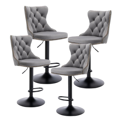 4x Height Adjustable Swivel Bar Stool Velvet Nailhead Barstool with Footrest - Cosy Abode