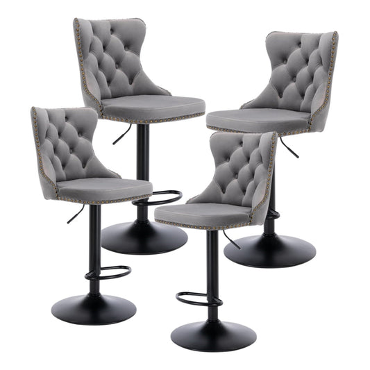 4x Height Adjustable Swivel Bar Stool Velvet Nailhead Barstool with Footrest - Cosy Abode