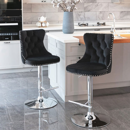 4x Height Adjustable Swivel Bar Stool Velvet Studs Barstool with Footrest and Chromed Base- Black - Cosy Abode