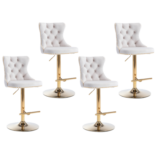 4x Height Adjustable Swivel Bar Stool Velvet Studs Barstool with Footrest and Golden Base- Beige - Cosy Abode