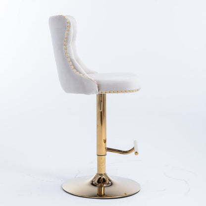4x Height Adjustable Swivel Bar Stool Velvet Studs Barstool with Footrest and Golden Base- Beige - Cosy Abode