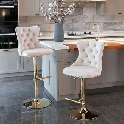 4x Height Adjustable Swivel Bar Stool Velvet Studs Barstool with Footrest and Golden Base- Beige - Cosy Abode