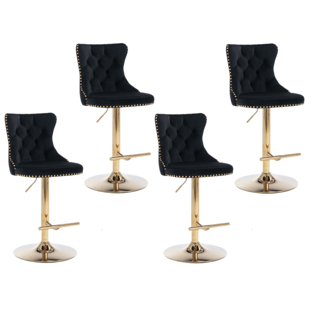 4x Height Adjustable Swivel Bar Stool Velvet Studs Barstool with Footrest and Golden Base- Black - Cosy Abode