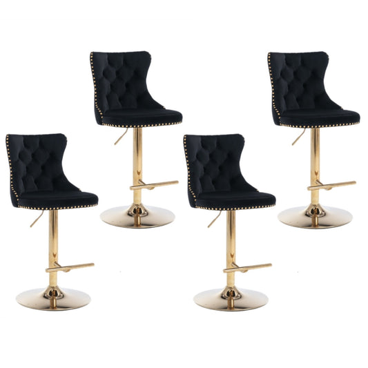 4x Height Adjustable Swivel Bar Stool Velvet Studs Barstool with Footrest and Golden Base- Black - Cosy Abode