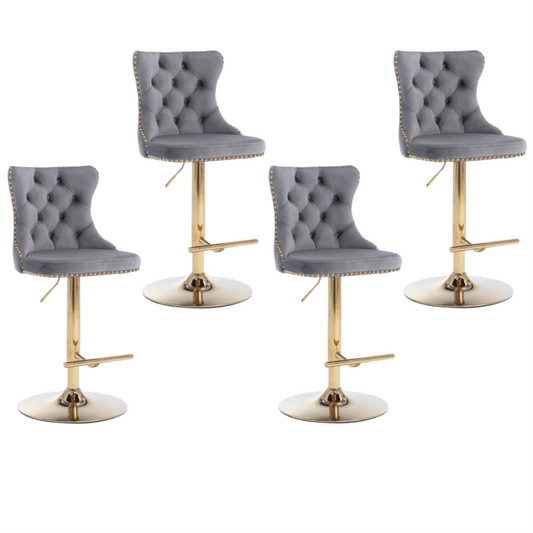 4x Height Adjustable Swivel Bar Stool Velvet Studs Barstool with Footrest and Golden Base- Grey - Cosy Abode