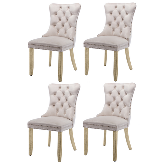 4x Velvet Dining Chairs Upholstered Tufted Kithcen Chair with Solid Wood Legs Stud Trim and Ring-Beige - Cosy Abode