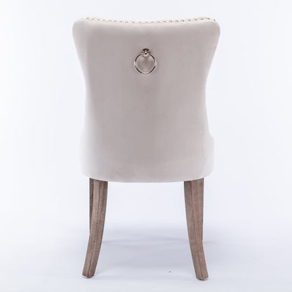 4x Velvet Dining Chairs Upholstered Tufted Kithcen Chair with Solid Wood Legs Stud Trim and Ring-Beige - Cosy Abode