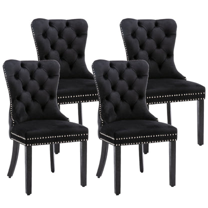4x Velvet Dining Chairs Upholstered Tufted Kithcen Chair with Solid Wood Legs Stud Trim and Ring-Black - Cosy Abode