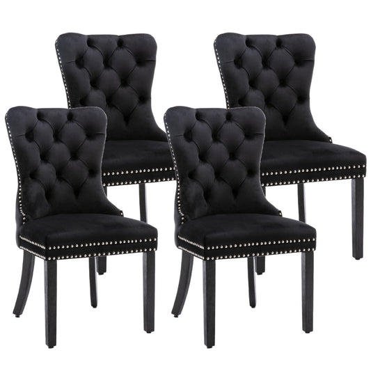 4x Velvet Dining Chairs Upholstered Tufted Kithcen Chair with Solid Wood Legs Stud Trim and Ring-Black - Cosy Abode