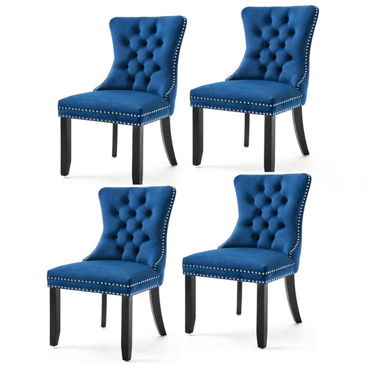 4x Velvet Dining Chairs Upholstered Tufted Kithcen Chair with Solid Wood Legs Stud Trim and Ring-Blue - Cosy Abode