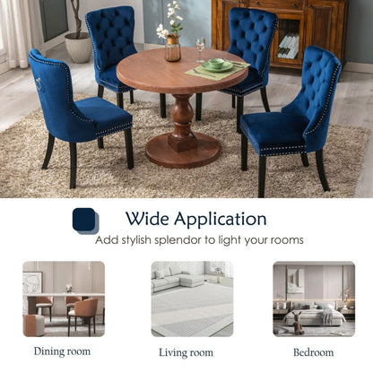 4x Velvet Dining Chairs Upholstered Tufted Kithcen Chair with Solid Wood Legs Stud Trim and Ring-Blue - Cosy Abode