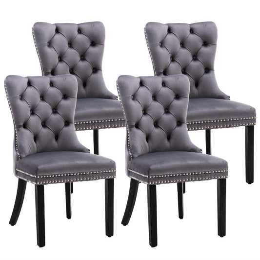 4x Velvet Dining Chairs Upholstered Tufted Kithcen Chair with Solid Wood Legs Stud Trim and Ring-Gray - Cosy Abode