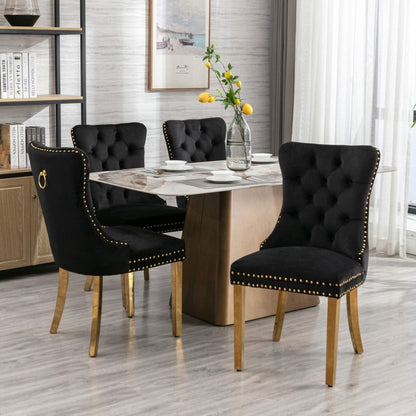 4x Velvet Dining Chairs with Golden Metal Legs-Black - Cosy Abode