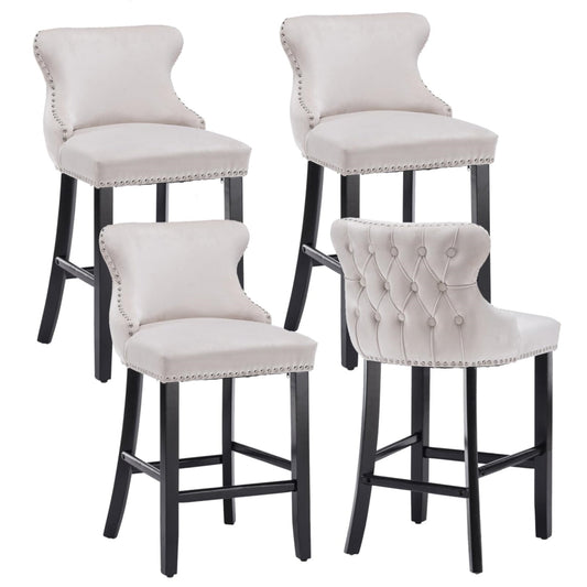 4x Velvet Upholstered Button Tufted Bar Stools with Wood Legs and Studs-Beige - Cosy Abode