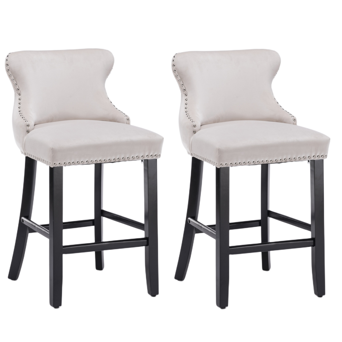 4x Velvet Upholstered Button Tufted Bar Stools with Wood Legs and Studs-Beige - Cosy Abode