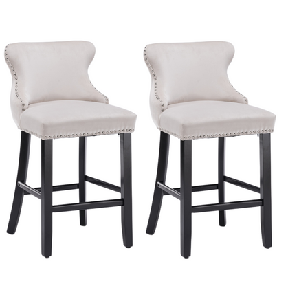 4x Velvet Upholstered Button Tufted Bar Stools with Wood Legs and Studs-Beige - Cosy Abode