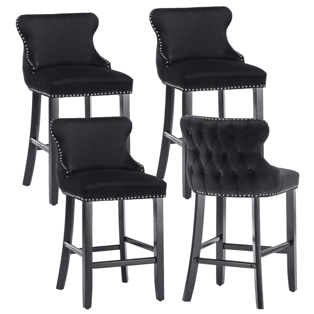 4x Velvet Upholstered Button Tufted Bar Stools with Wood Legs and Studs-Black - Cosy Abode