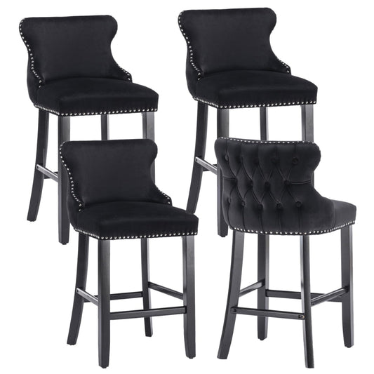 4x Velvet Upholstered Button Tufted Bar Stools with Wood Legs and Studs-Black - Cosy Abode