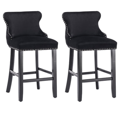 4x Velvet Upholstered Button Tufted Bar Stools with Wood Legs and Studs-Black - Cosy Abode