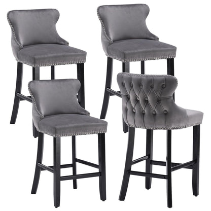 4x Velvet Upholstered Button Tufted Bar Stools with Wood Legs and Studs-Grey - Cosy Abode