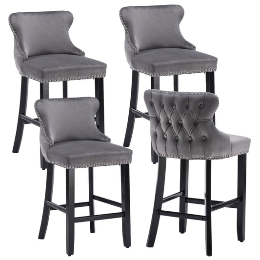 4x Velvet Upholstered Button Tufted Bar Stools with Wood Legs and Studs-Grey - Cosy Abode