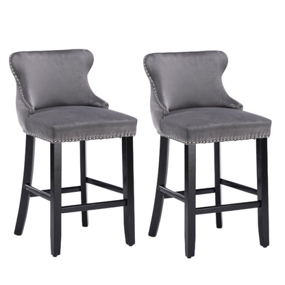 4x Velvet Upholstered Button Tufted Bar Stools with Wood Legs and Studs-Grey - Cosy Abode