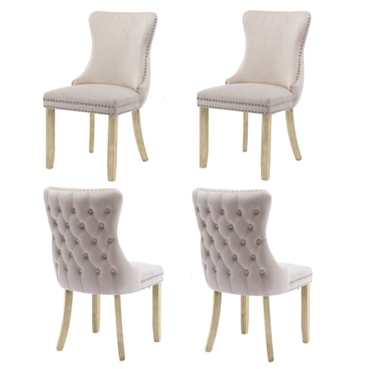 4x Velvet Upholstered Dining Chairs Tufted Wingback Side Chair with Studs Trim Solid Wood Legs for Kitchen - Cosy Abode