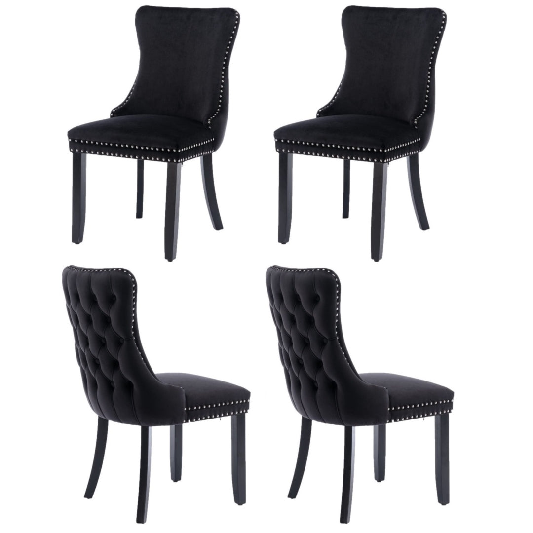 4x Velvet Upholstered Dining Chairs Tufted Wingback Side Chair with Studs Trim Solid Wood Legs for Kitchen - Cosy Abode