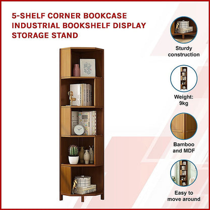 5-Shelf Corner Bookcase Industrial Bookshelf Display Storage Stand - Cosy Abode