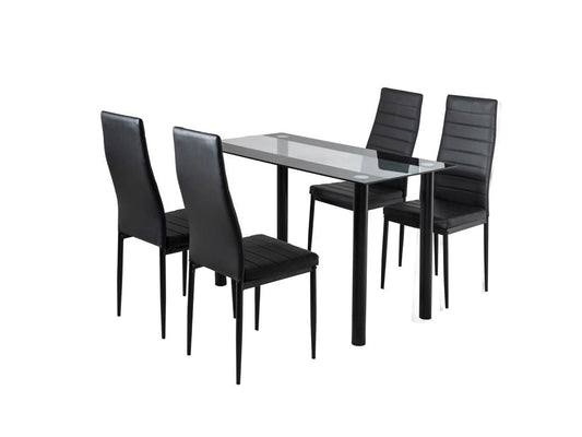 5 Piece Table and Chairs Set with Glass Table and Leather High Back Chairs - Black - Cosy Abode