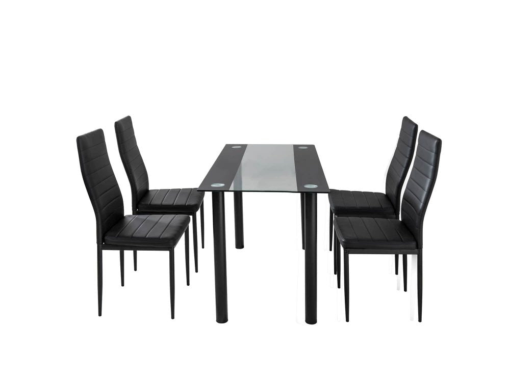 5 Piece Table and Chairs Set with Glass Table and Leather High Back Chairs - Black - Cosy Abode