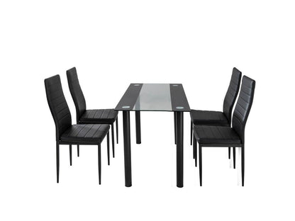 5 Piece Table and Chairs Set with Glass Table and Leather High Back Chairs - Black - Cosy Abode