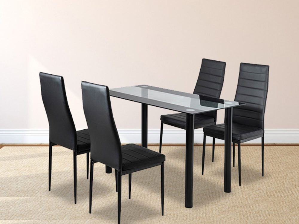 5 Piece Table and Chairs Set with Glass Table and Leather High Back Chairs - Black - Cosy Abode