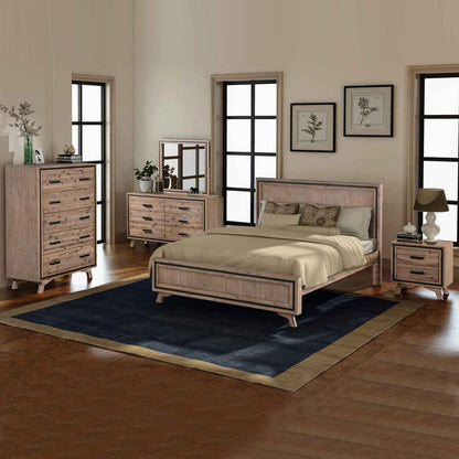 5 Pieces Bedroom Suite King Size Silver Brush in Acacia Wood Construction Bed, Bedside Table, Tallboy & Dresser - Cosy Abode