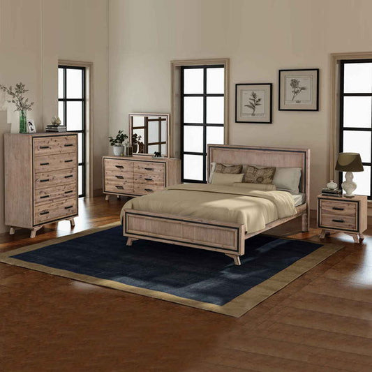 5 Pieces Bedroom Suite King Size Silver Brush in Acacia Wood Construction Bed, Bedside Table, Tallboy & Dresser - Cosy Abode