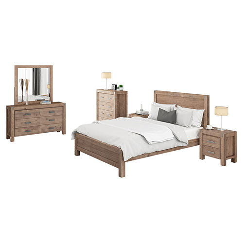 5 Pieces Bedroom Suite in Solid Wood Veneered Acacia Construction Timber Slat Single Size Oak Colour Bed, Bedside Table , Tallboy & Dresser - Cosy Abode