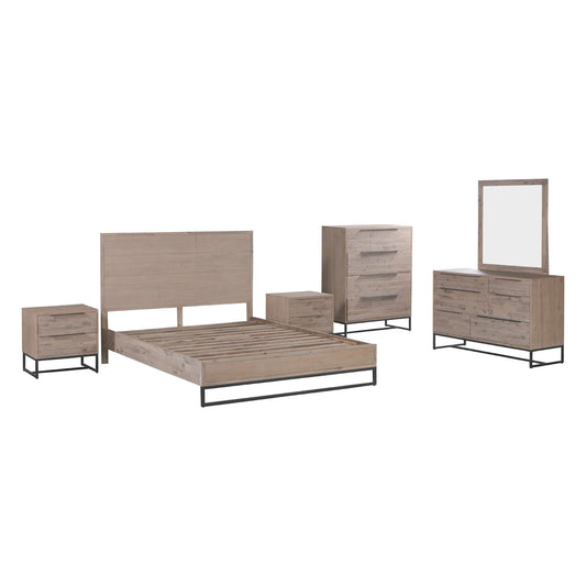 5 Pieces Bedroom Suite made in Solid Wood Acacia Veneered King Size Oak Colour Bed, Bedside Table, Tallboy & Dresser - Cosy Abode